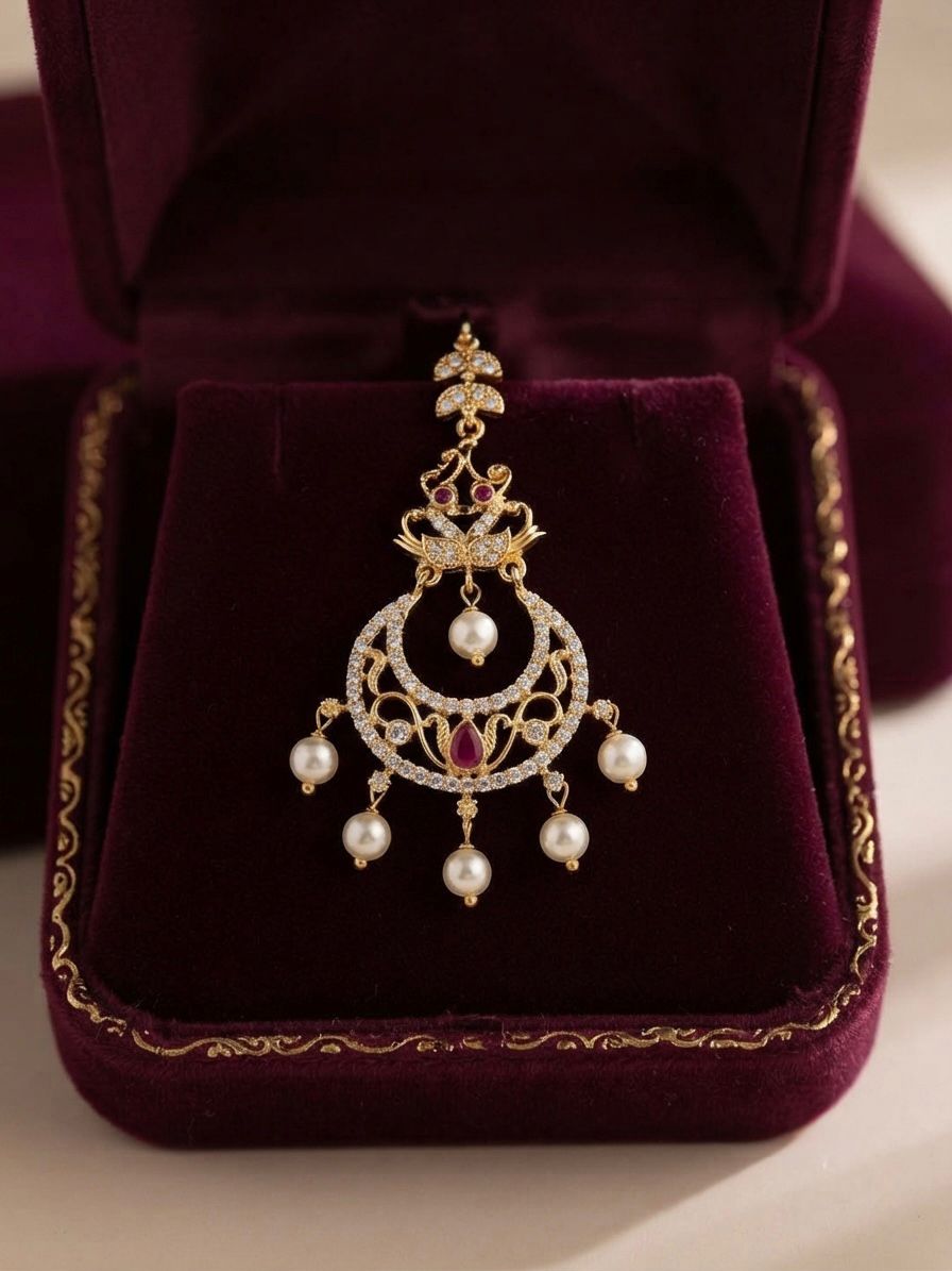 C Z Maang Bindi with Red Stones and Pearl Drops