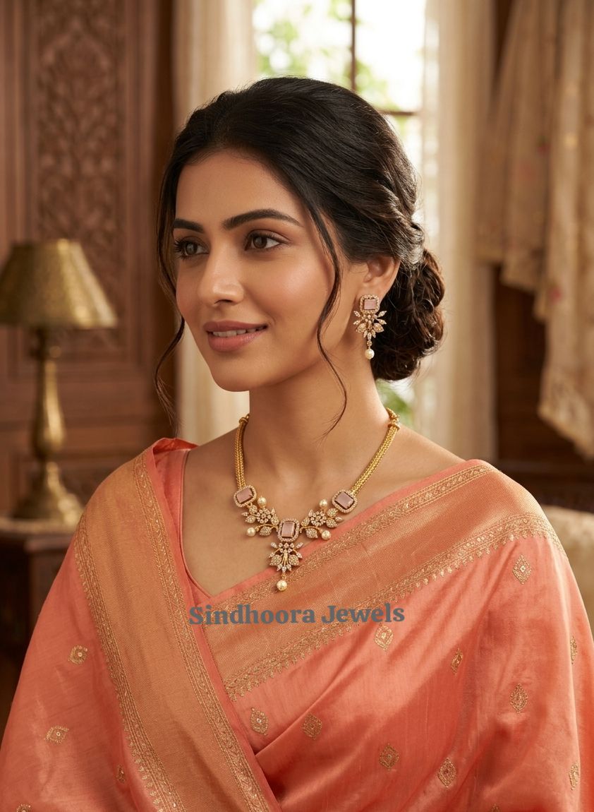 C Z Necklace Set with Pastel Stone and Pearl Drop