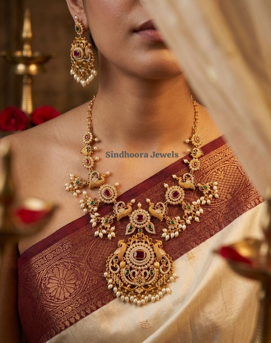 Traditional Necklace Set with Red Green Stones and Pearls