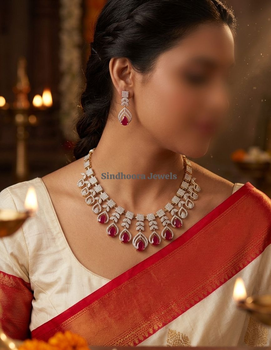 C Z and Red Stone Necklace with matching Earrings