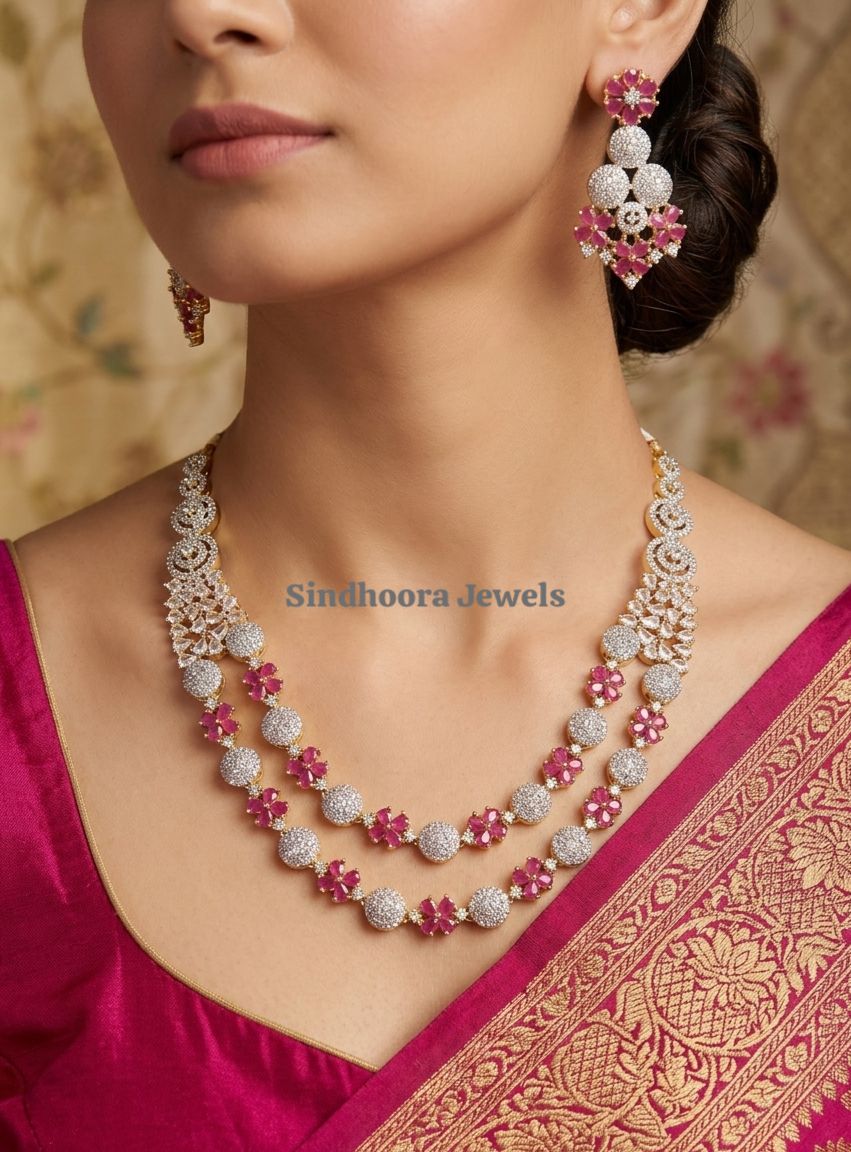 CZ Necklace Set with Flower Design Red Stones