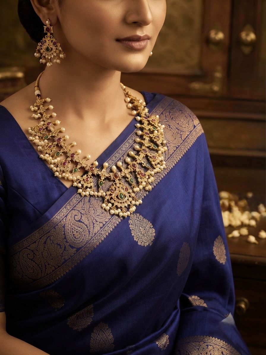 Elegant Ruby and Emerald Necklace Set with Pearl Drops