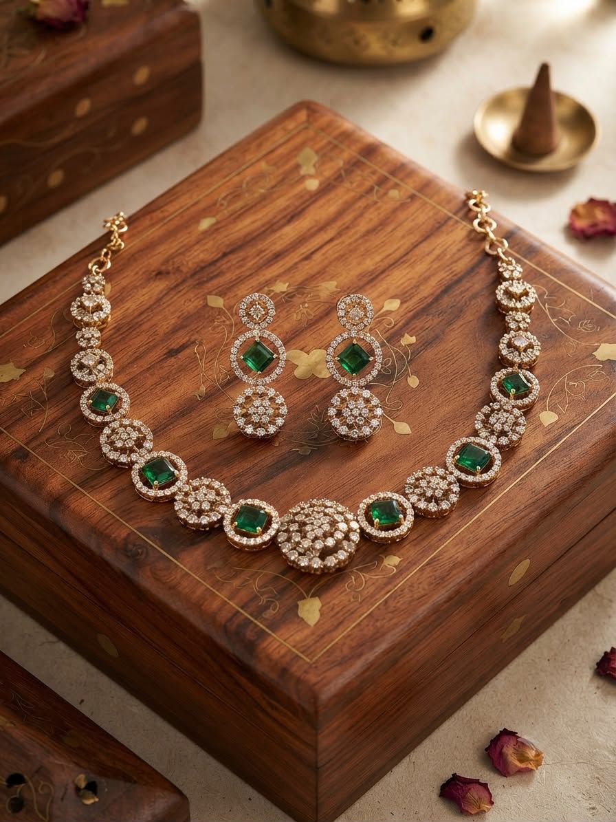 C Z Necklace Set with Square Cut Emerald