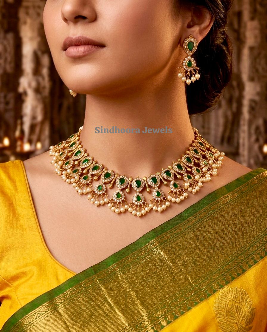 Emerald Necklace Set with CZ Stones and pearls