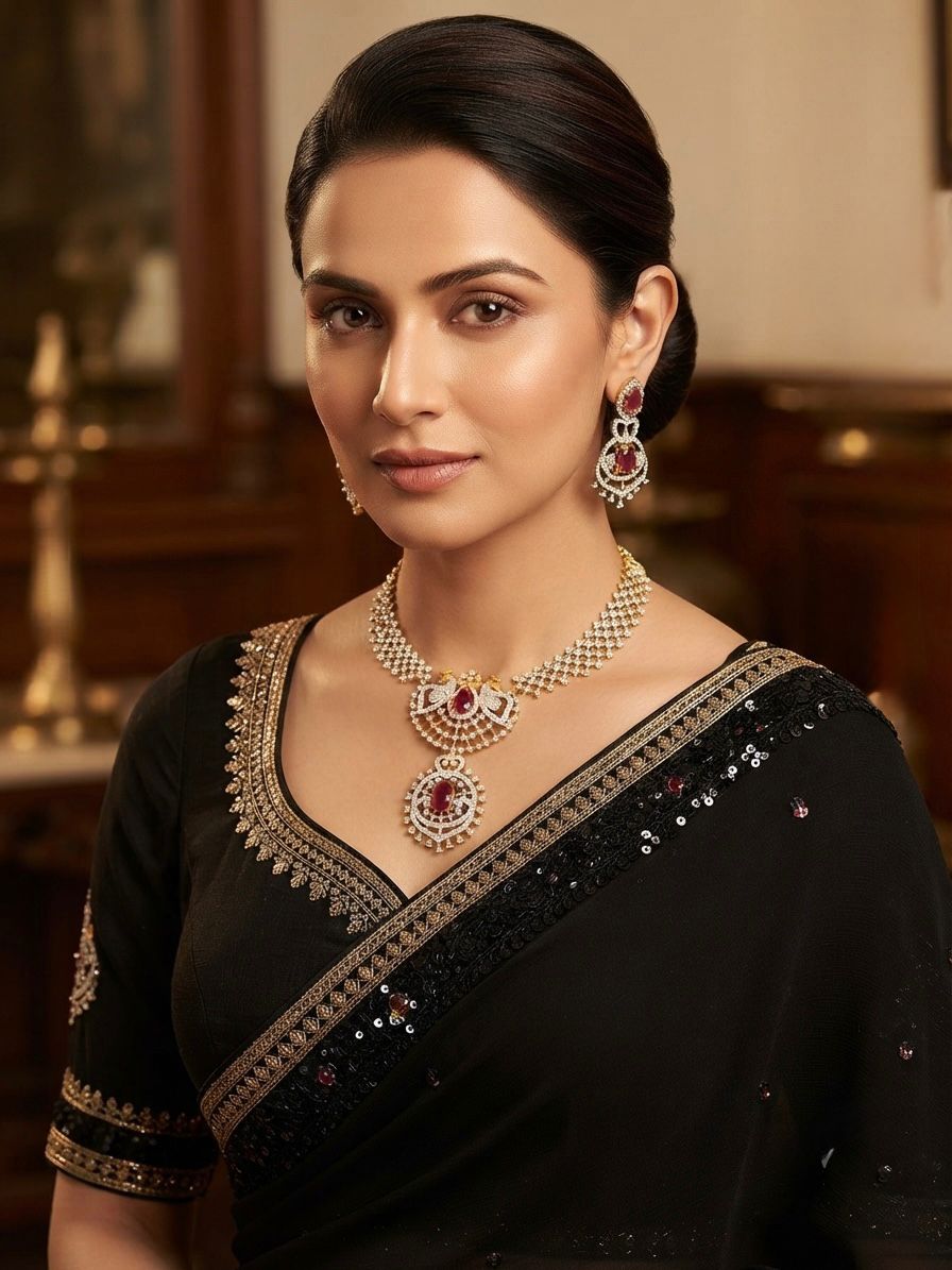 C Z Necklace Set with Peacock Design and Ruby