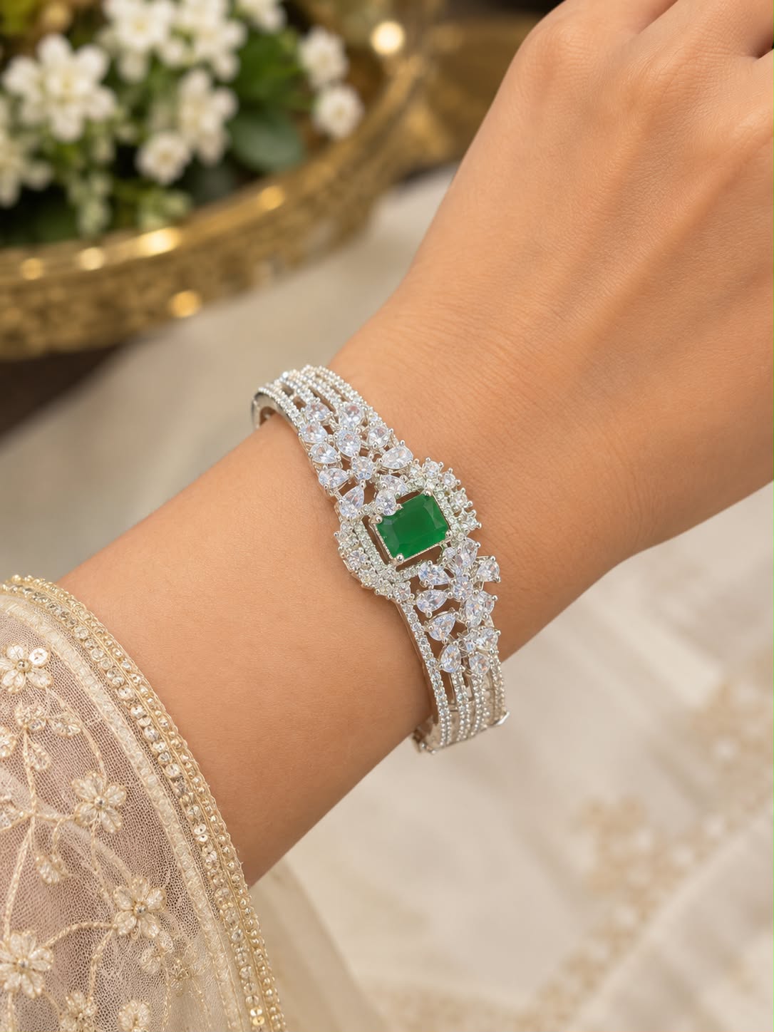 C Z Bracelet with Emerald Stone