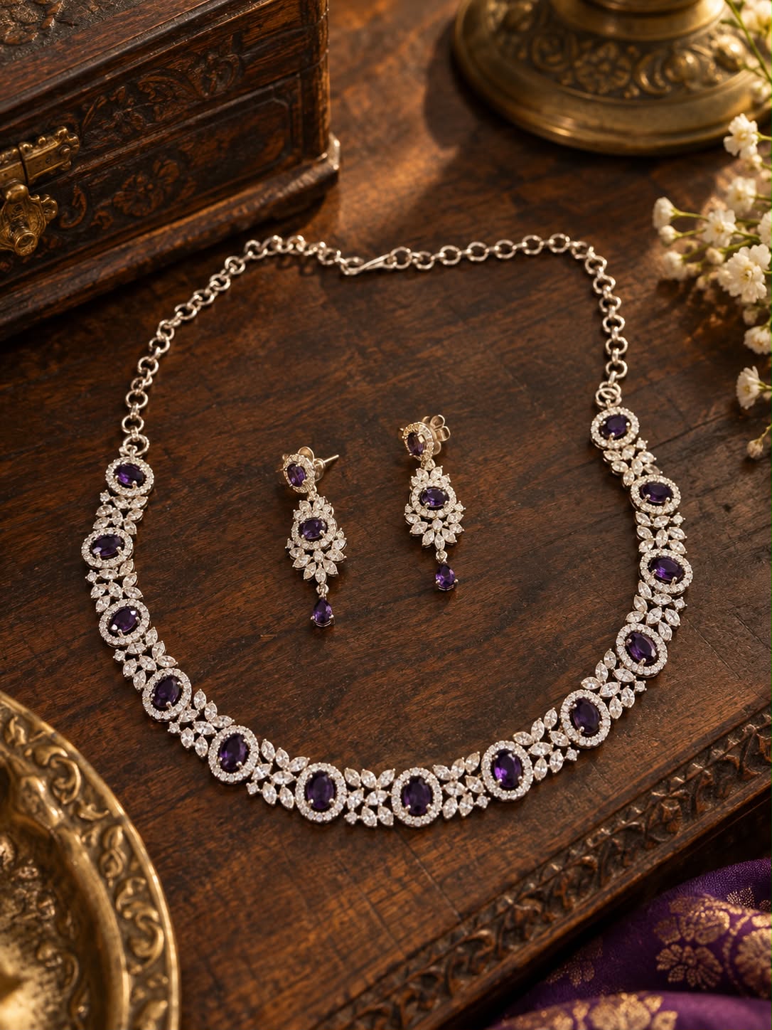 Purple Stone Necklace Set with CZ