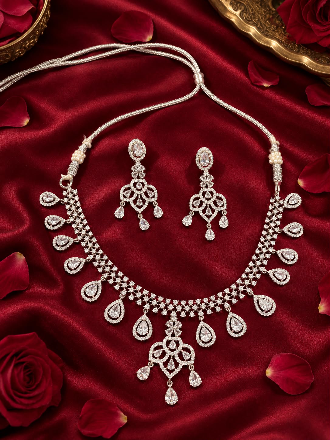 C Z Necklace Set with White Stone Drops
