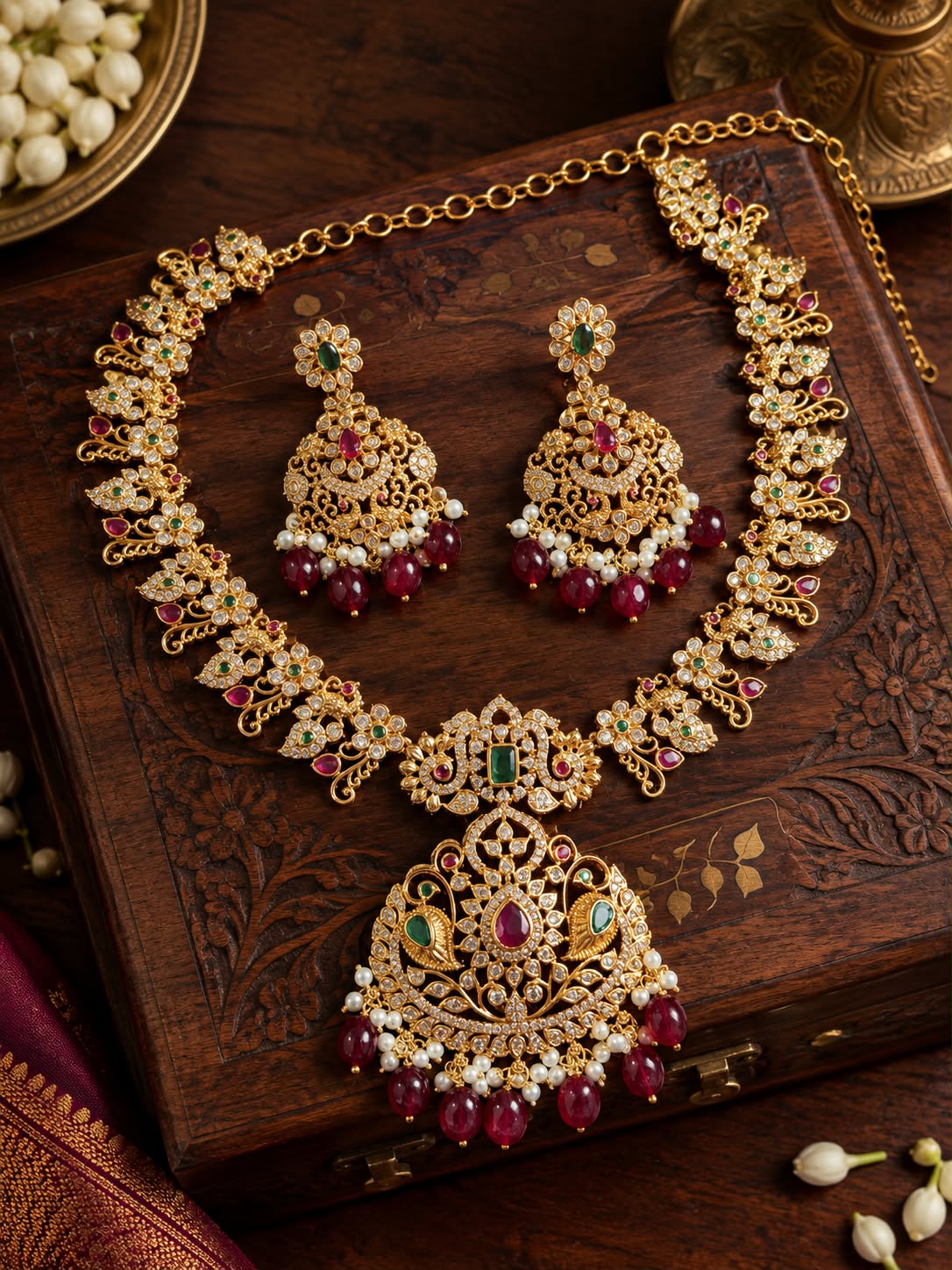 Traditional CZ Necklace Set with Ruby and Pearl Drops