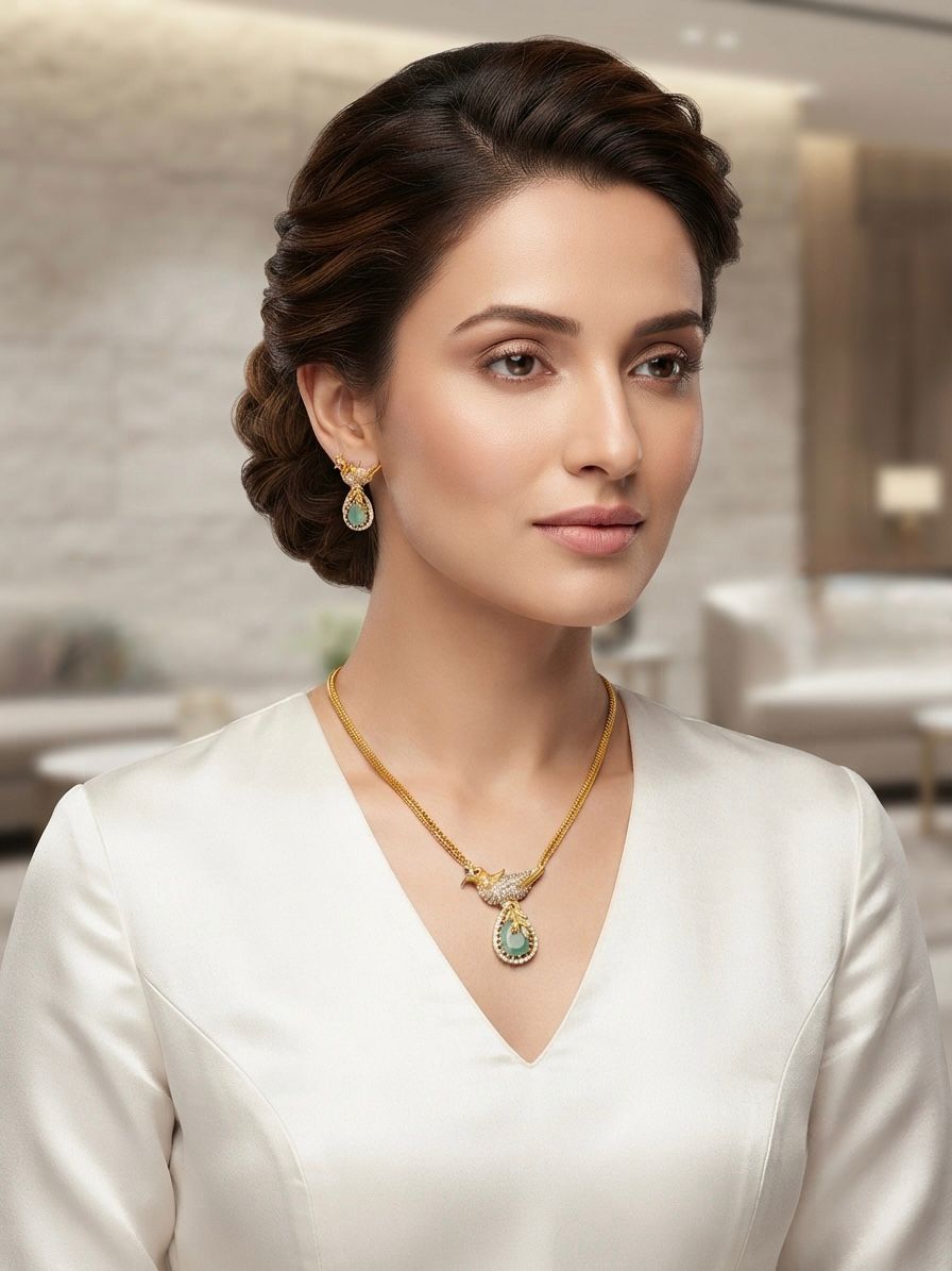 Chain with CZ and Sea Green Parrot Pendant with Earrings