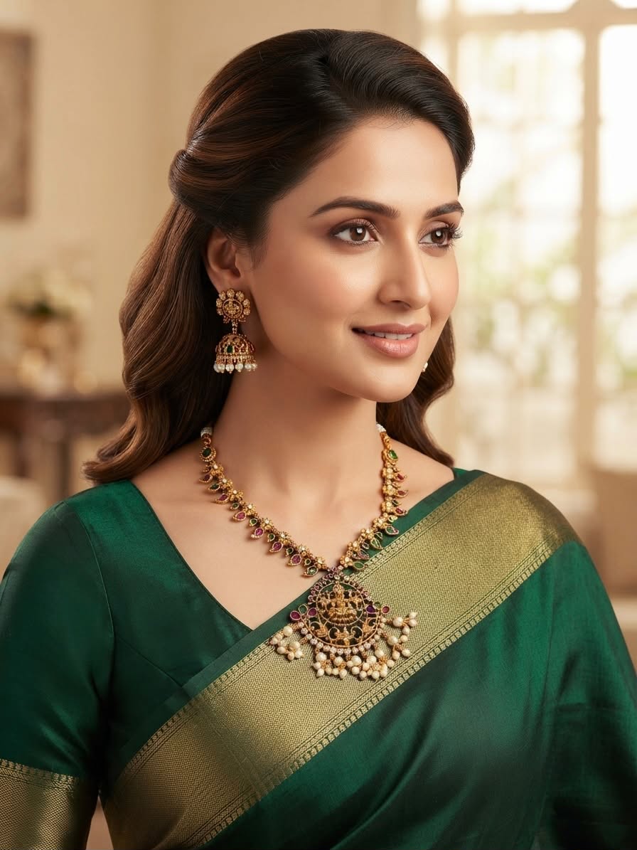 Lakshmi Necklace with Ruby, Emerald and Pearl Drops