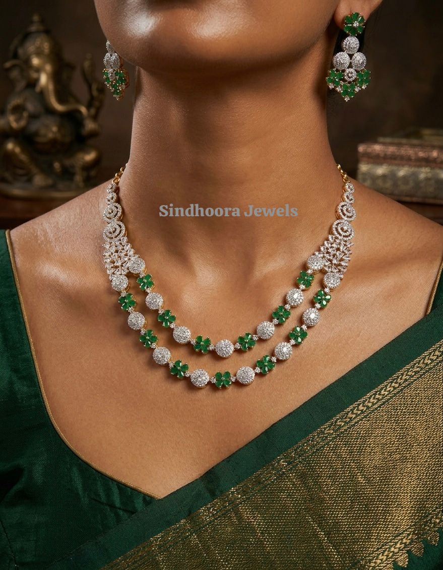 CZ Necklace Set with Flower Design Green Stones