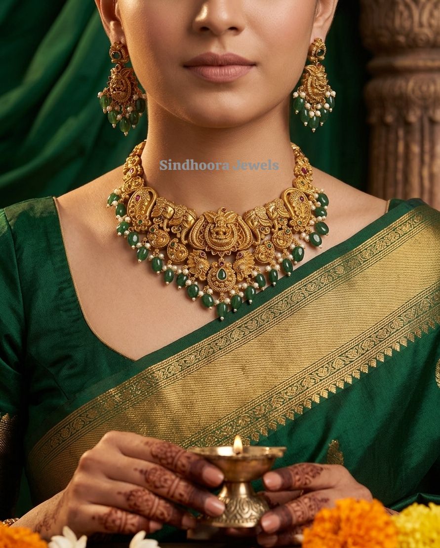 Lakshmi Necklace Set with Elephant Motif and Green Beads