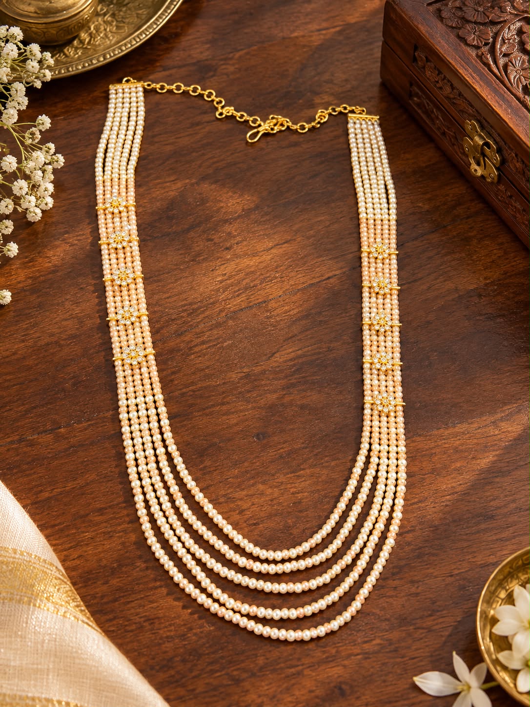 Five Layered Beads Necklace with Pearls and CZ Stars