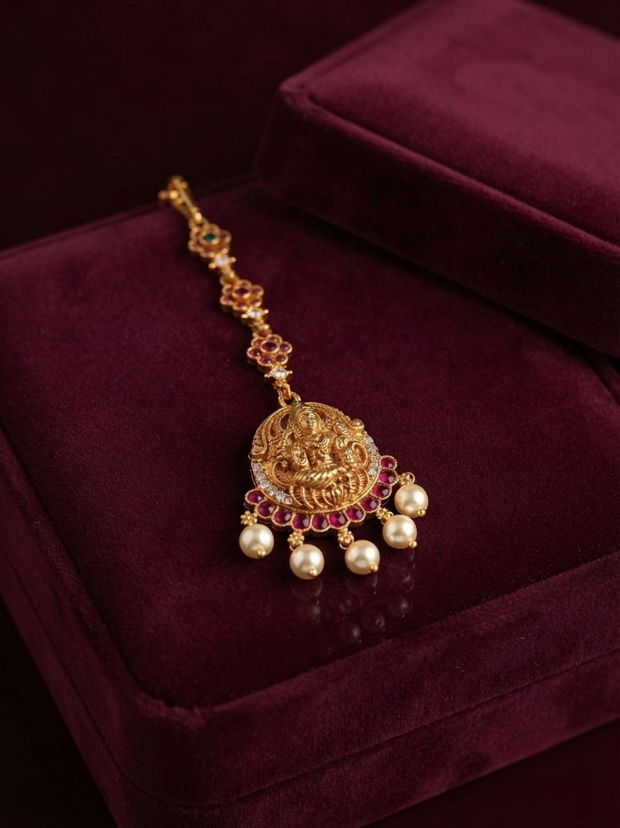 Lakshmi Motif Maang Bindi with Red, Green Stones and Pearl Drop