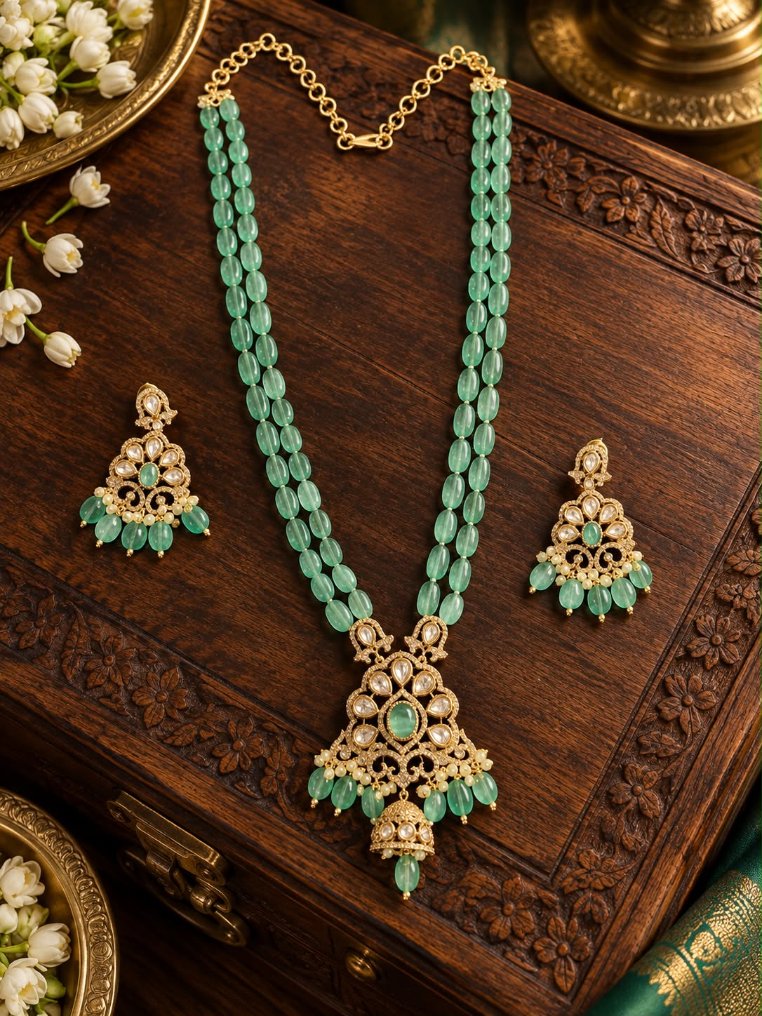 Green Beads Necklace Set with Kundan Pendant