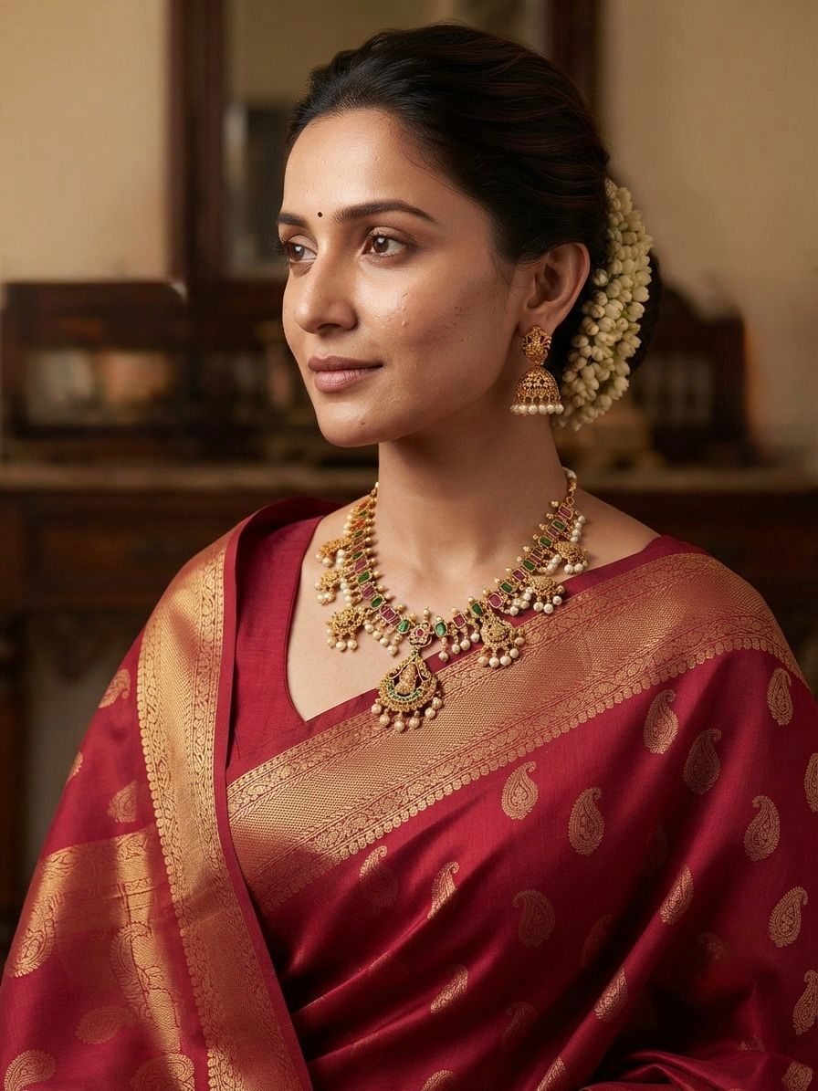 Lakshmi Necklace Set with Ruby, Emerald and Pearl Drops
