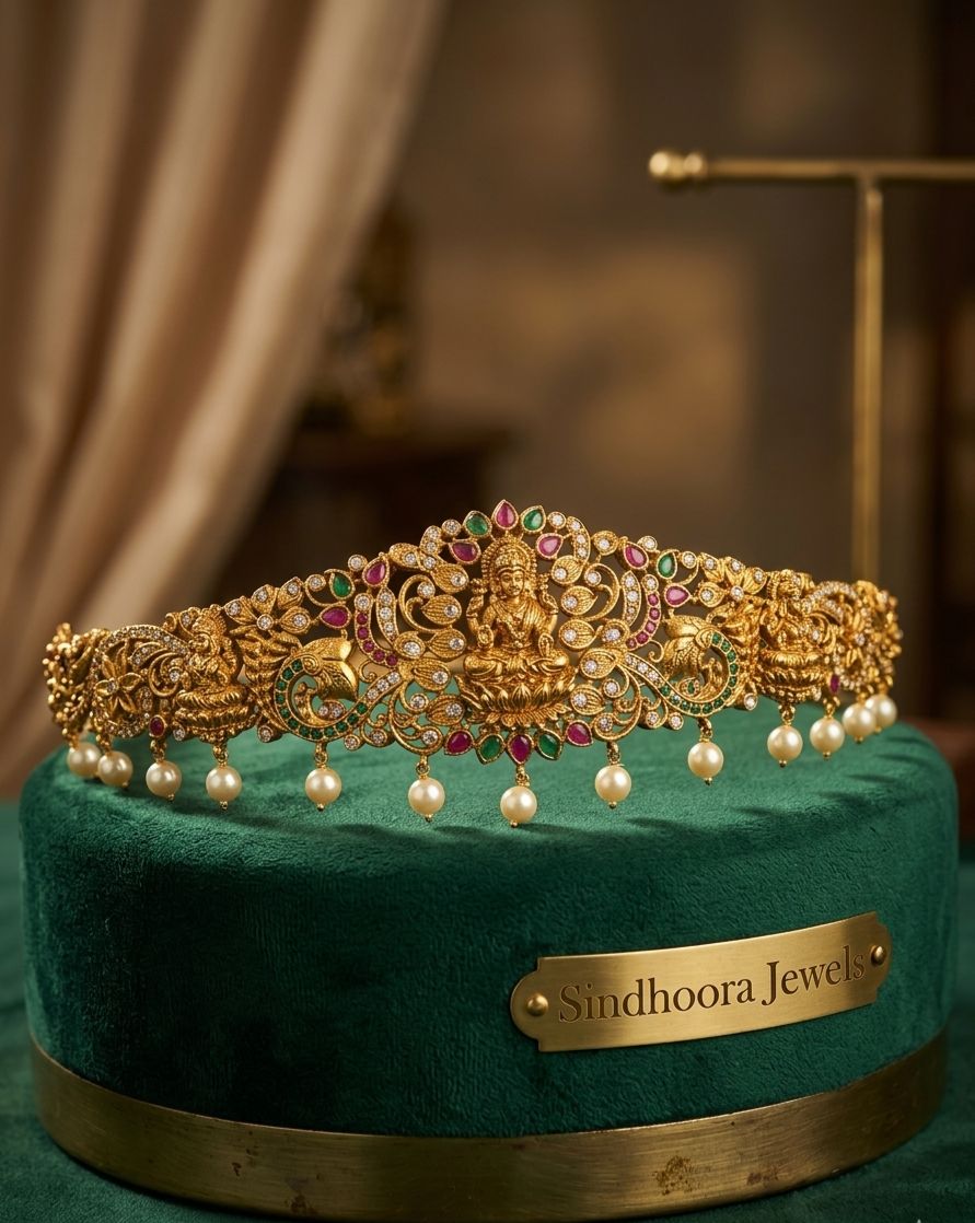 Traditional Waist Belt with Red, Green Stones and Lakshmi Motif