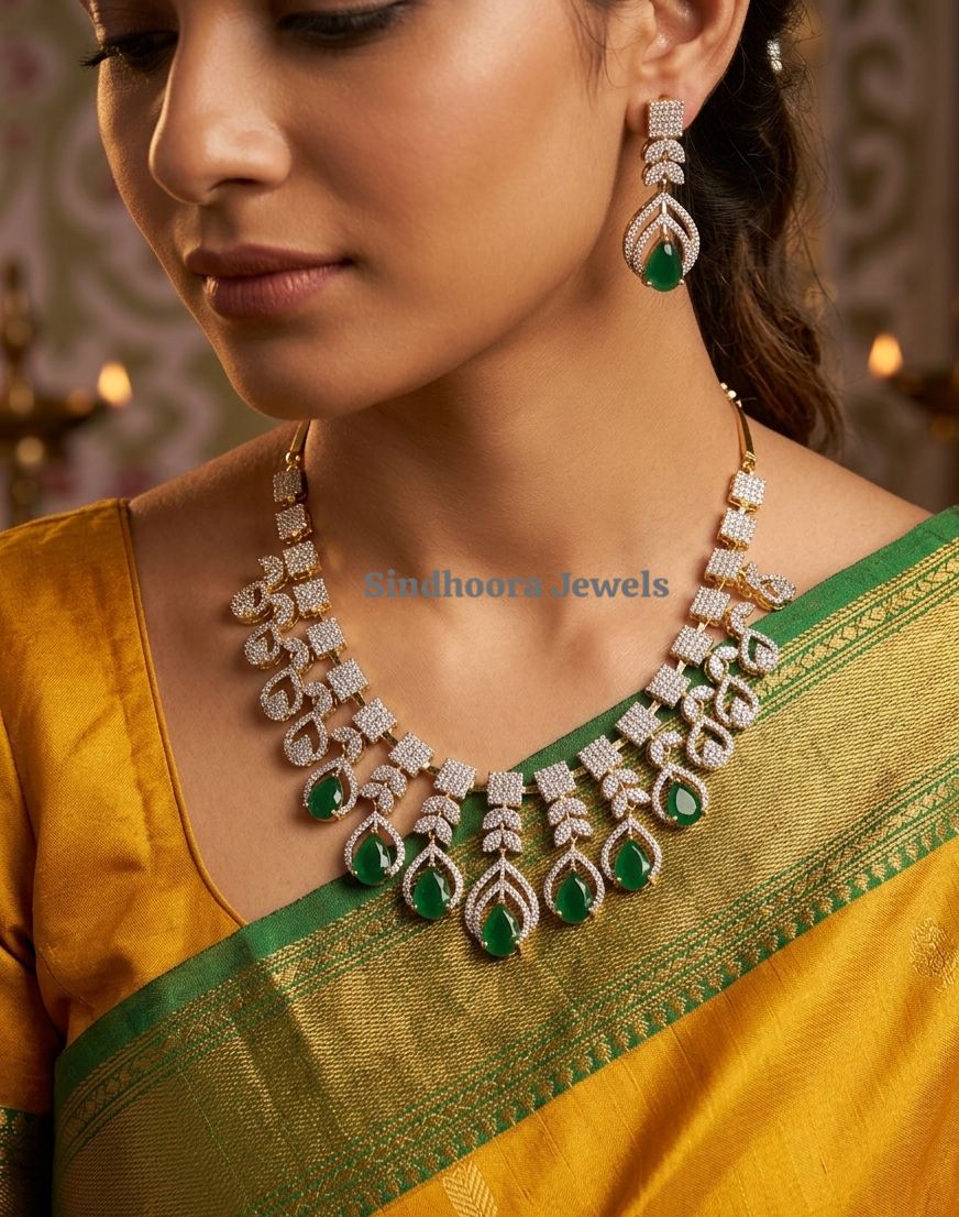 C Z and Green Stone necklace with Matching Earrings