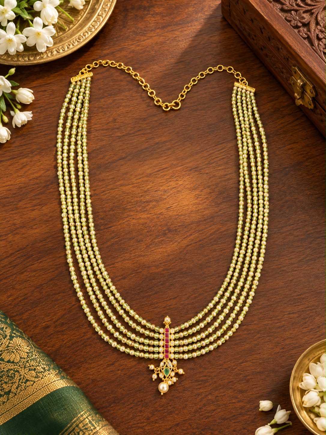 Five Layered Jade Beads and Pearls Necklace