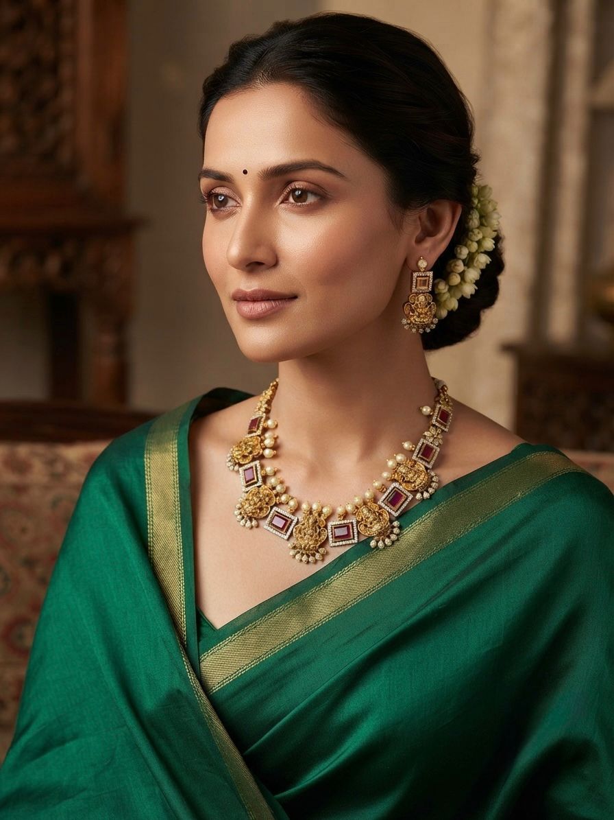 Ruby Necklace Set with Lakshmi Motif and Pearls