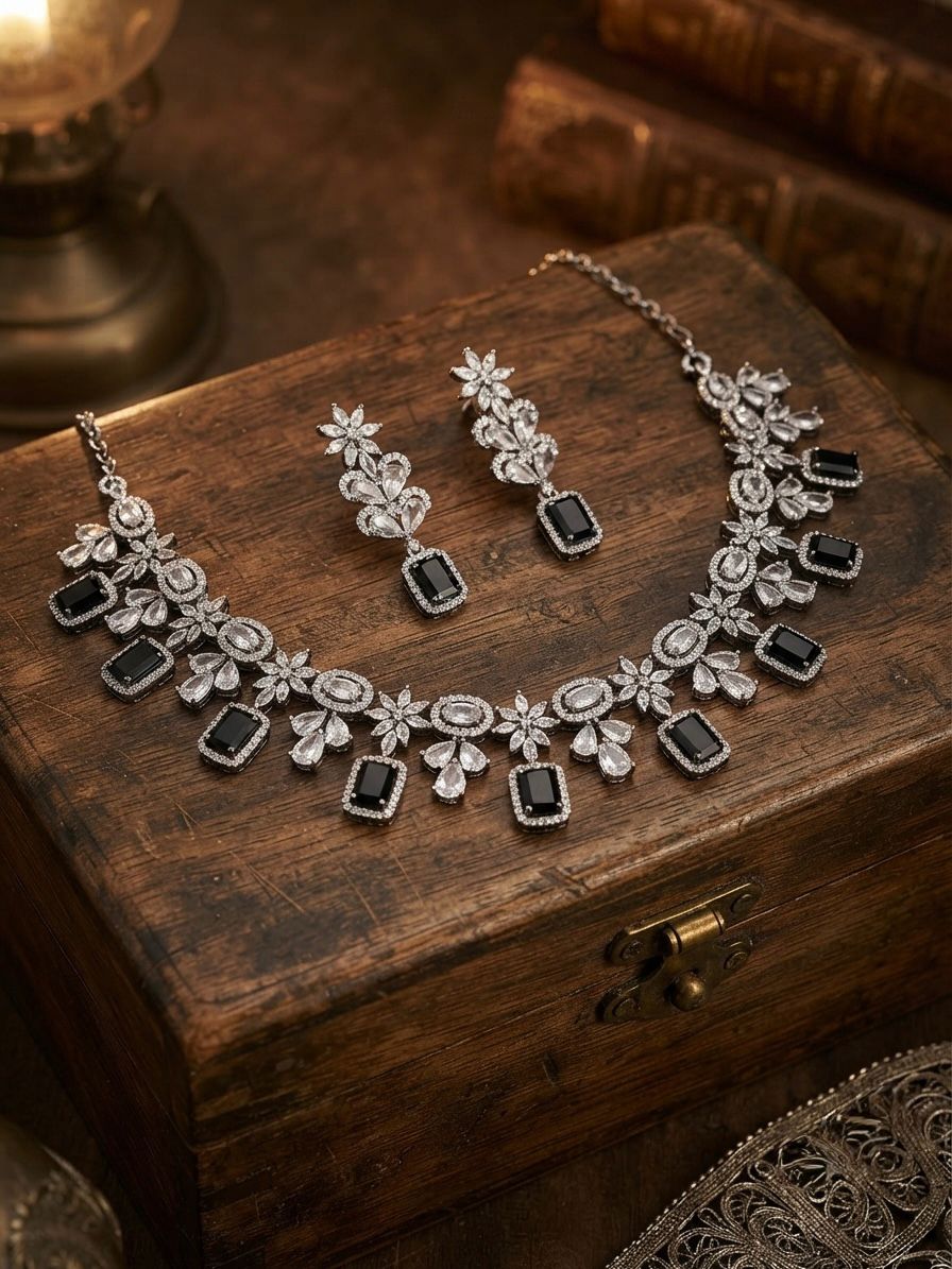 C Z Necklace Set with Black Stones