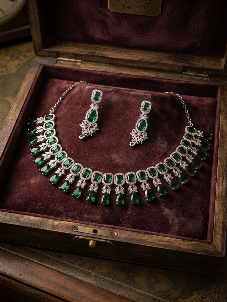 C Z Necklace Set with Emerald Drops