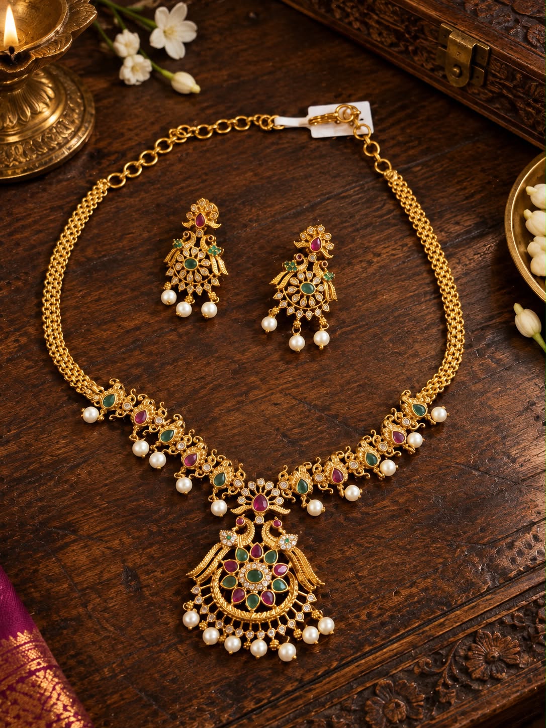 Traditional Ruby and Emerald Necklace Set with Peacock Pendant