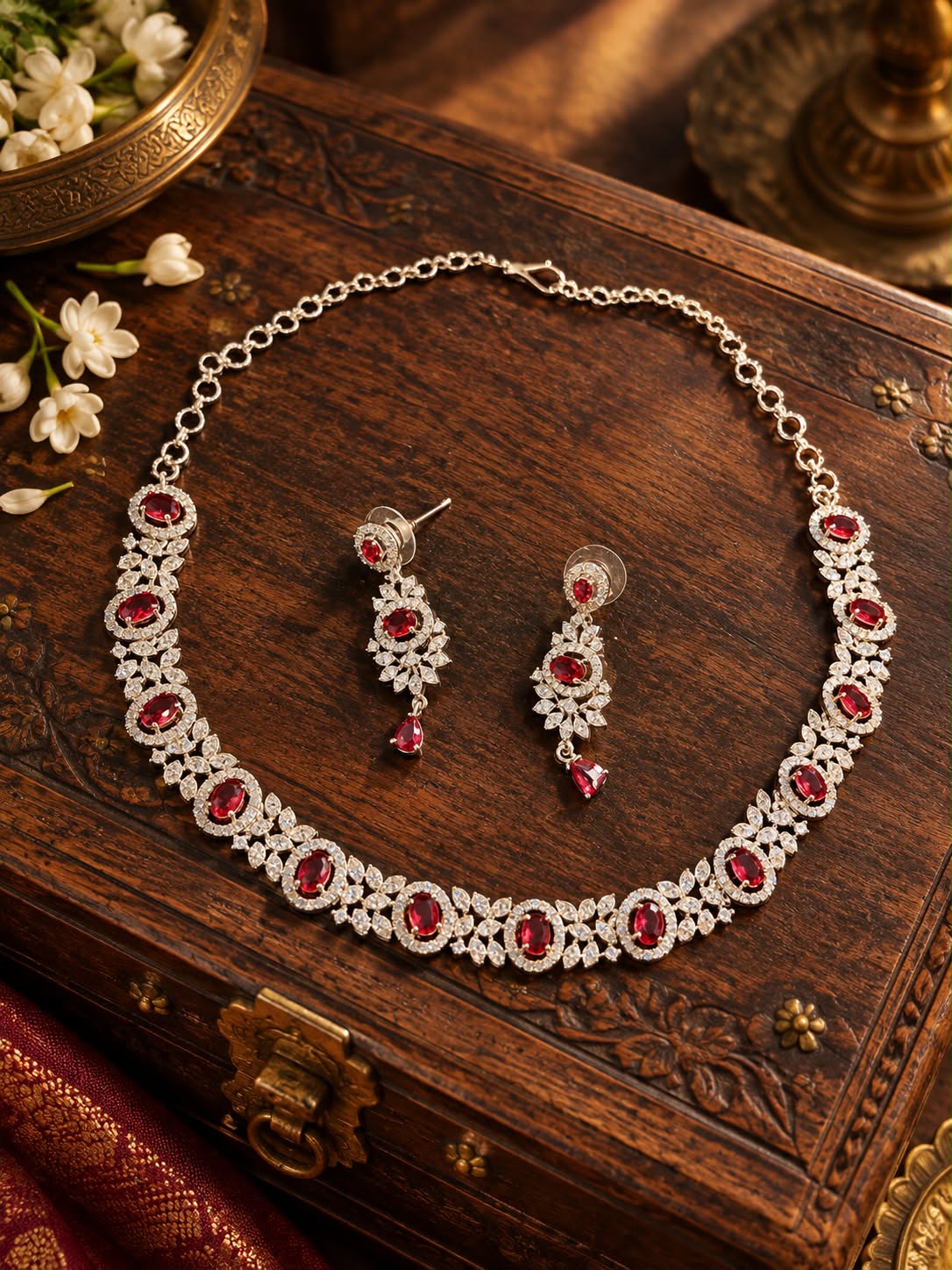 Pink Stone and CZ Necklace Set