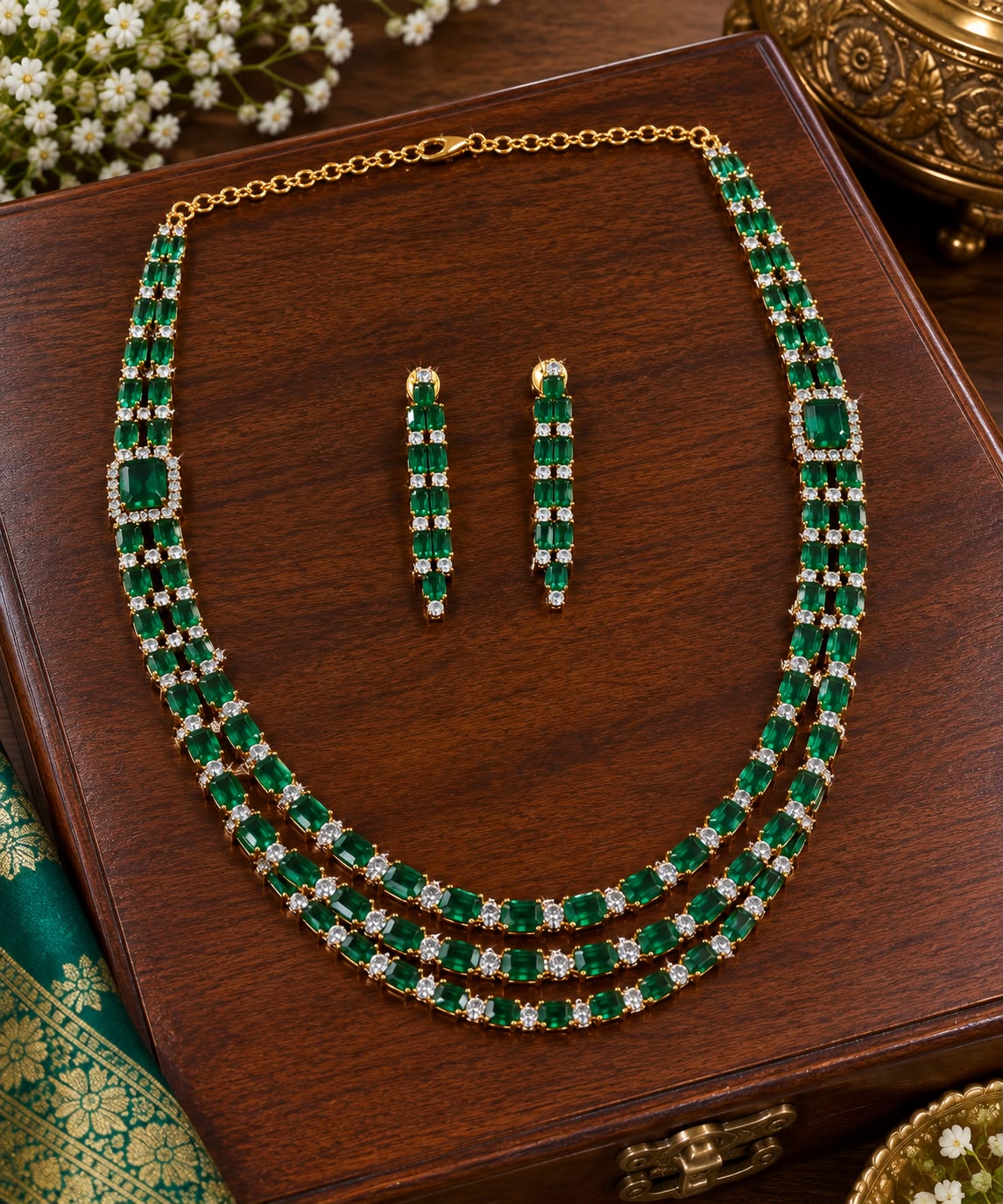 Three Layer Emerald and CZ Necklace set