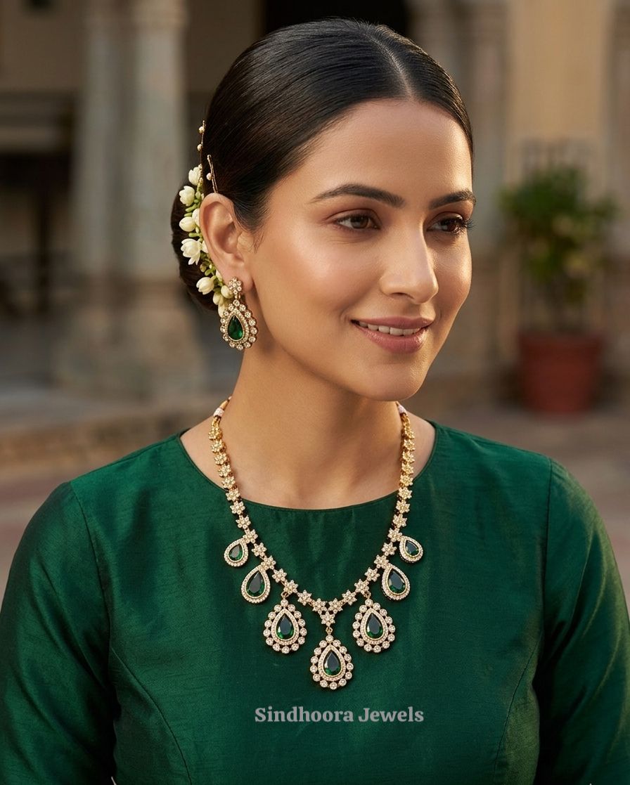 CZ Necklace Set with Green Stone Drops
