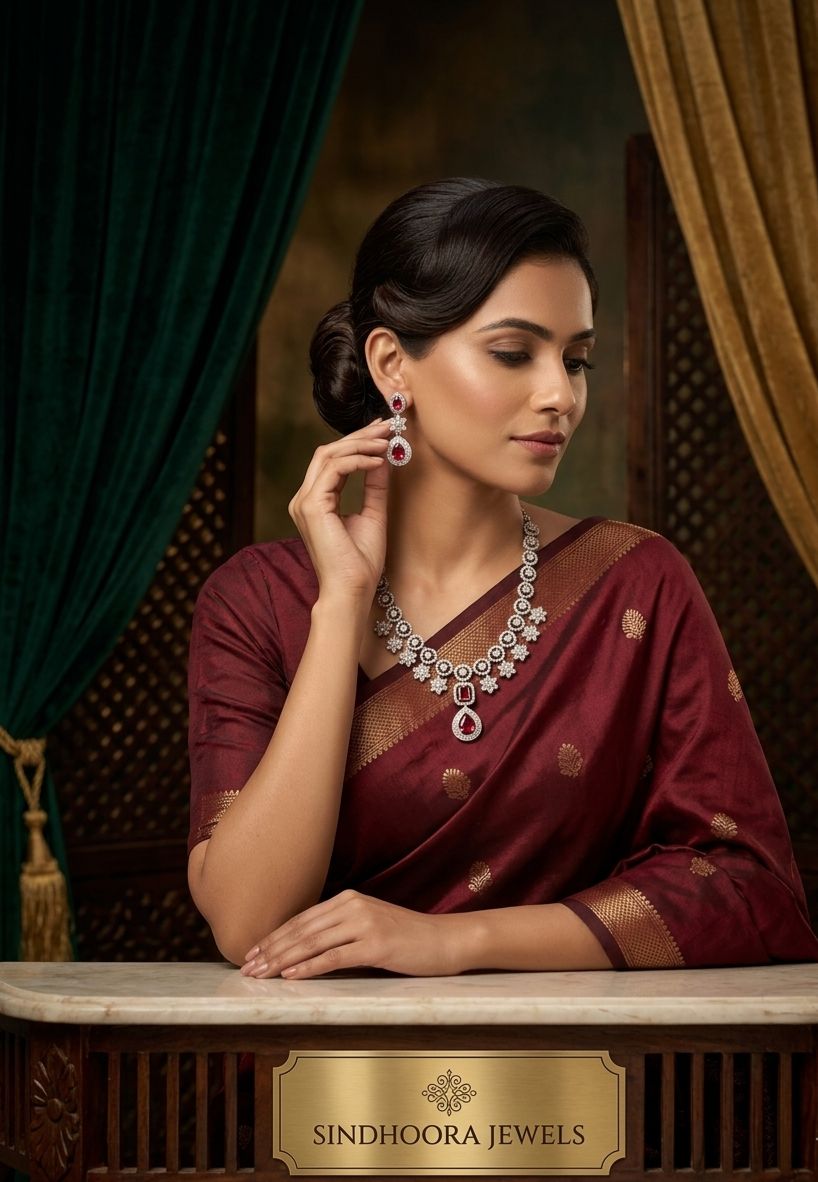 C Z Star Necklace Set with Ruby Pendant