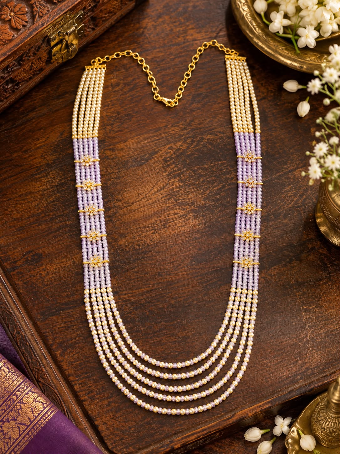 Five Layered Colour Beads and Pearls Necklace with CZ Stars
