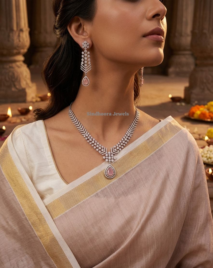C Z Necklace Set with Pastel Stone Pendant