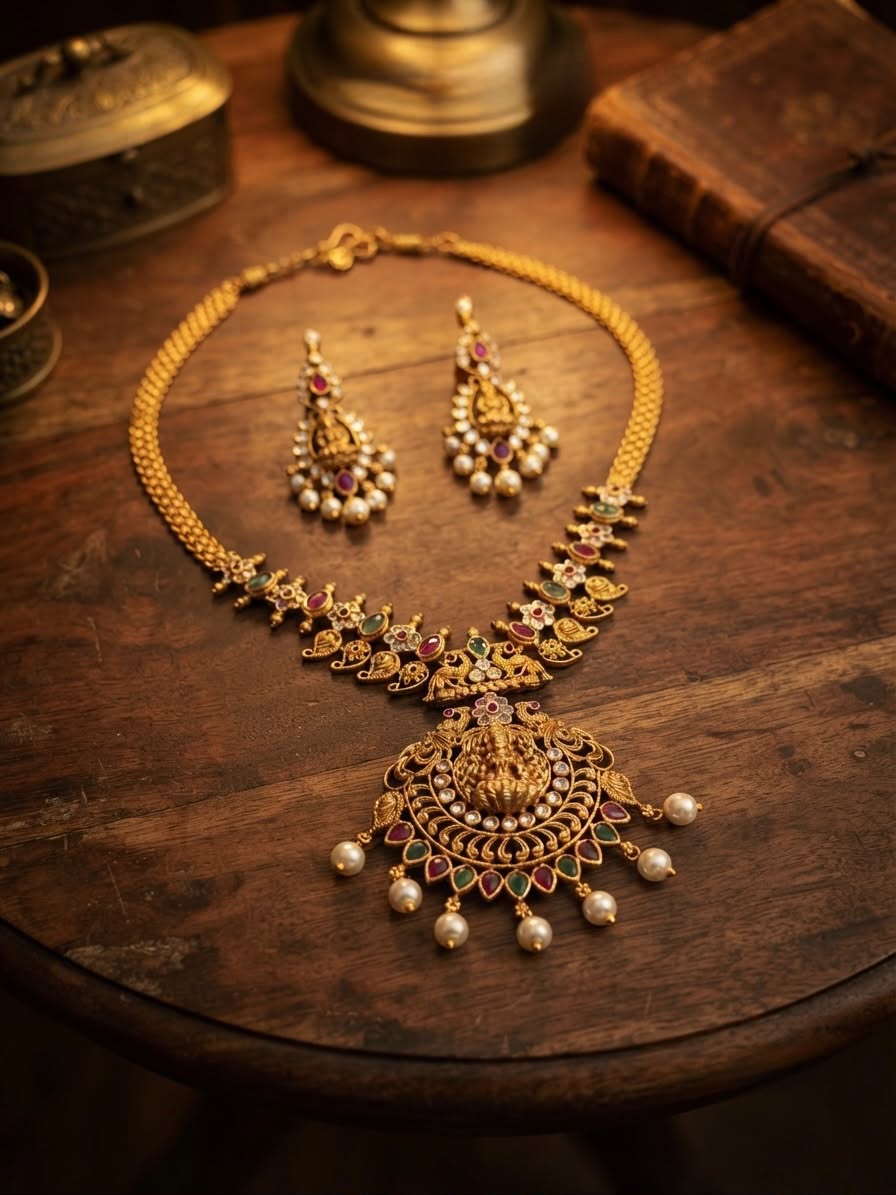 Traditional Lakshmi Necklace set with Ruby and Emerald