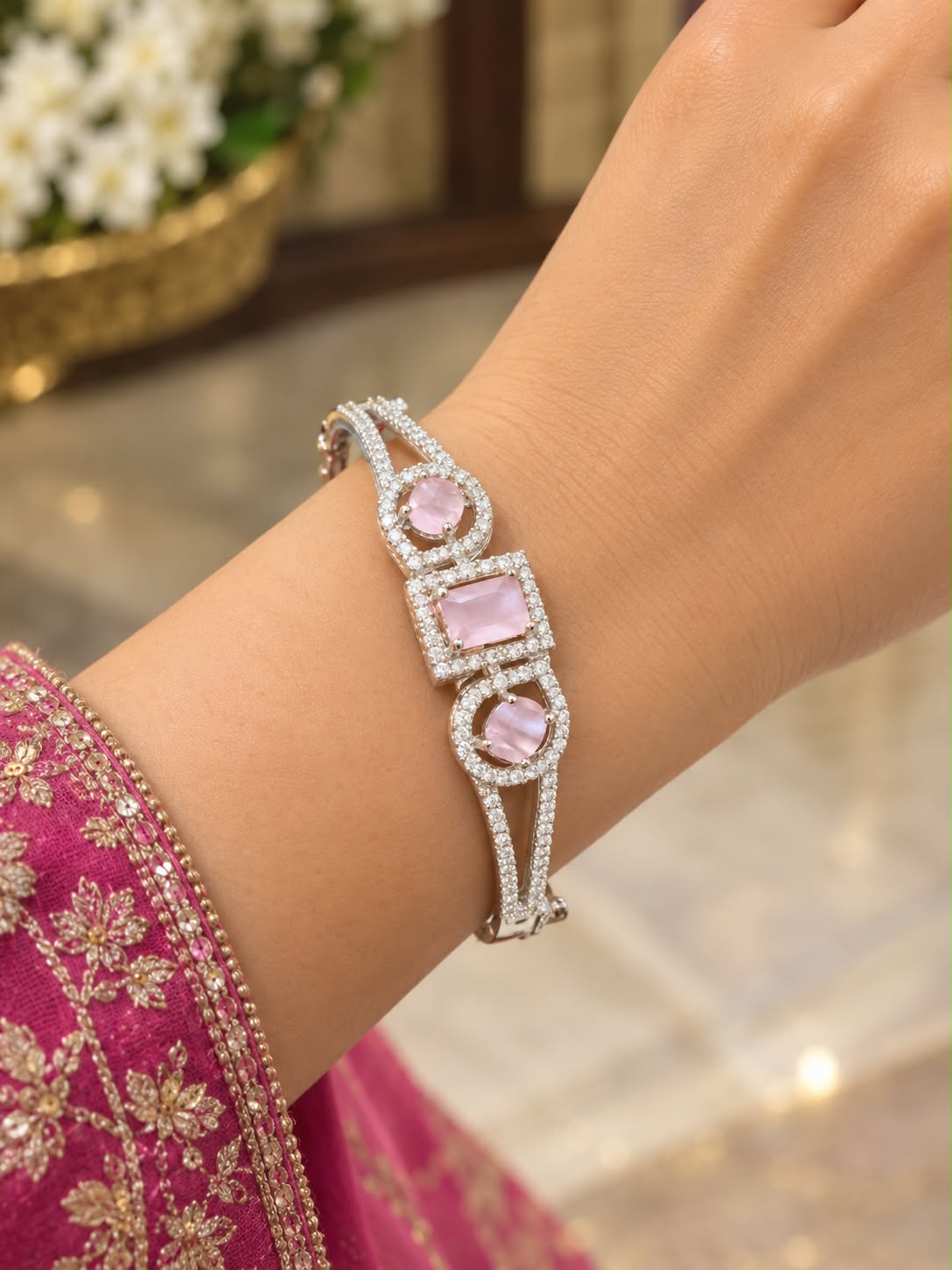 Pastel Pink Stone Bracelet with CZ