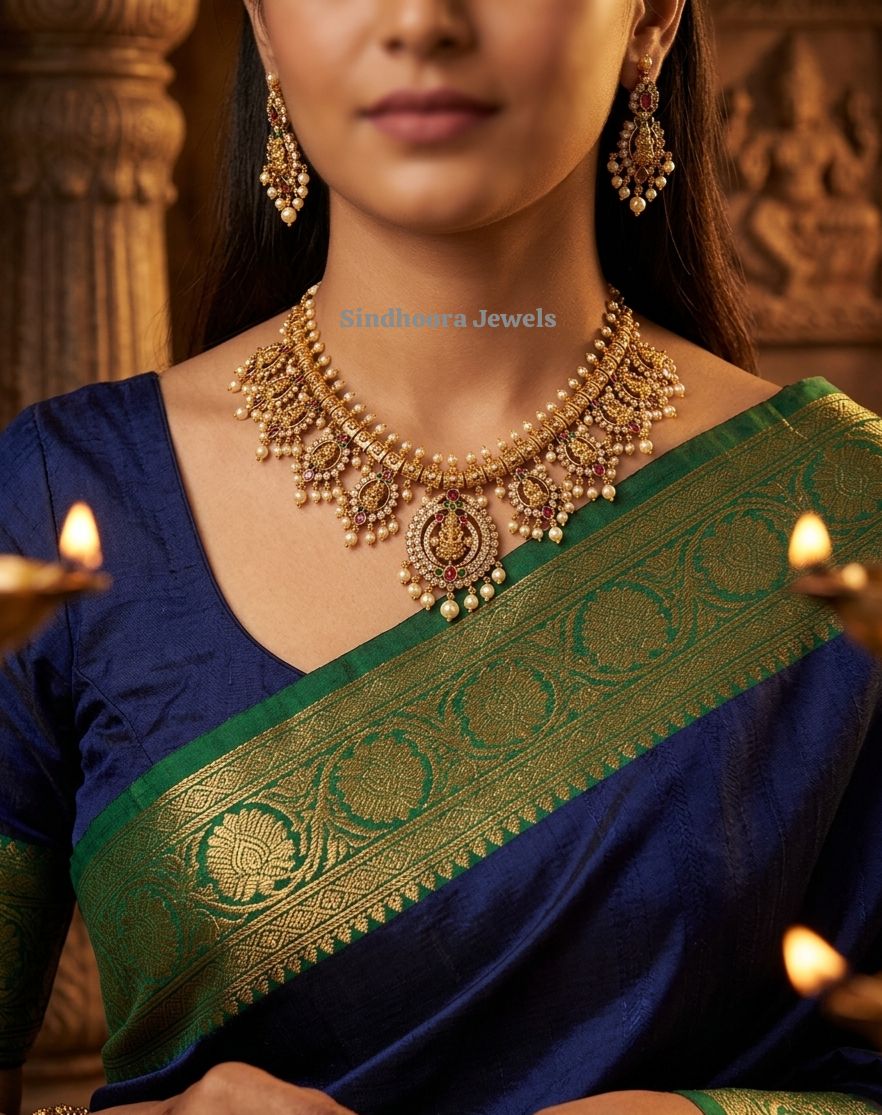 Lakshmi Necklace Set with Red, Green Stones , CZ and Pearls