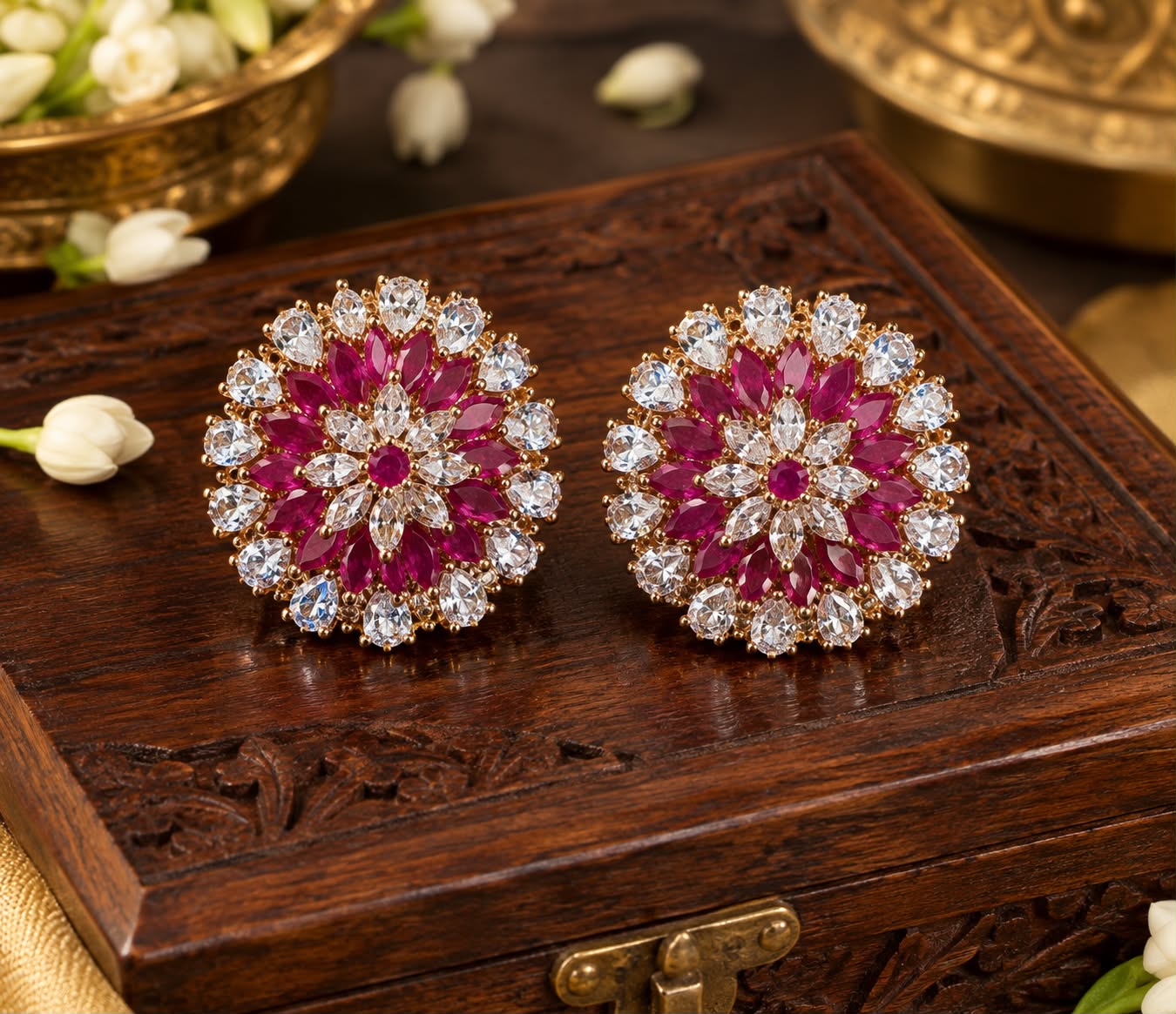 Floral Ruby and CZ Earrings