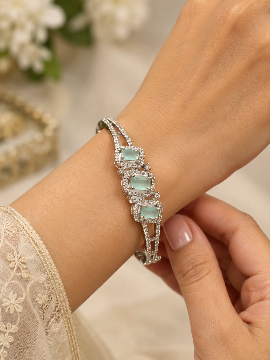 Elegant Green Stone Bracelet with CZ