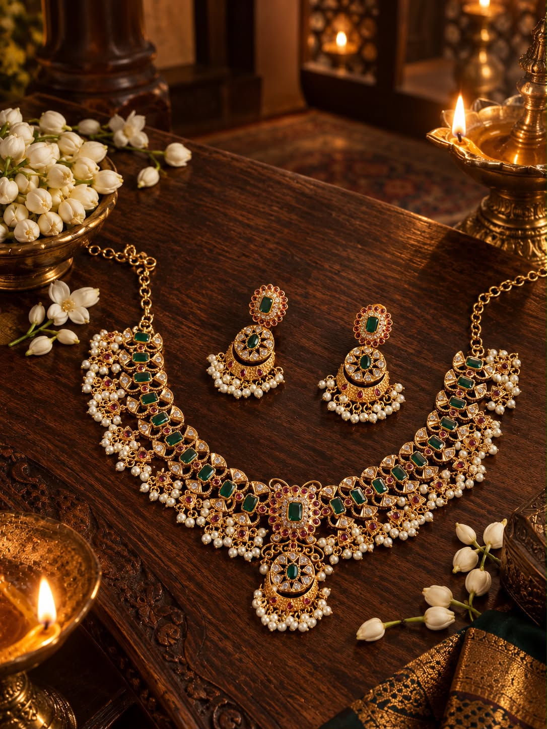 Traditional Emerald Necklace Set with Pearl Drops