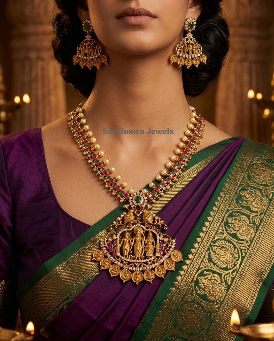 Ram Pariwar with Red, Green and Pearl Necklace with Matching Earrings