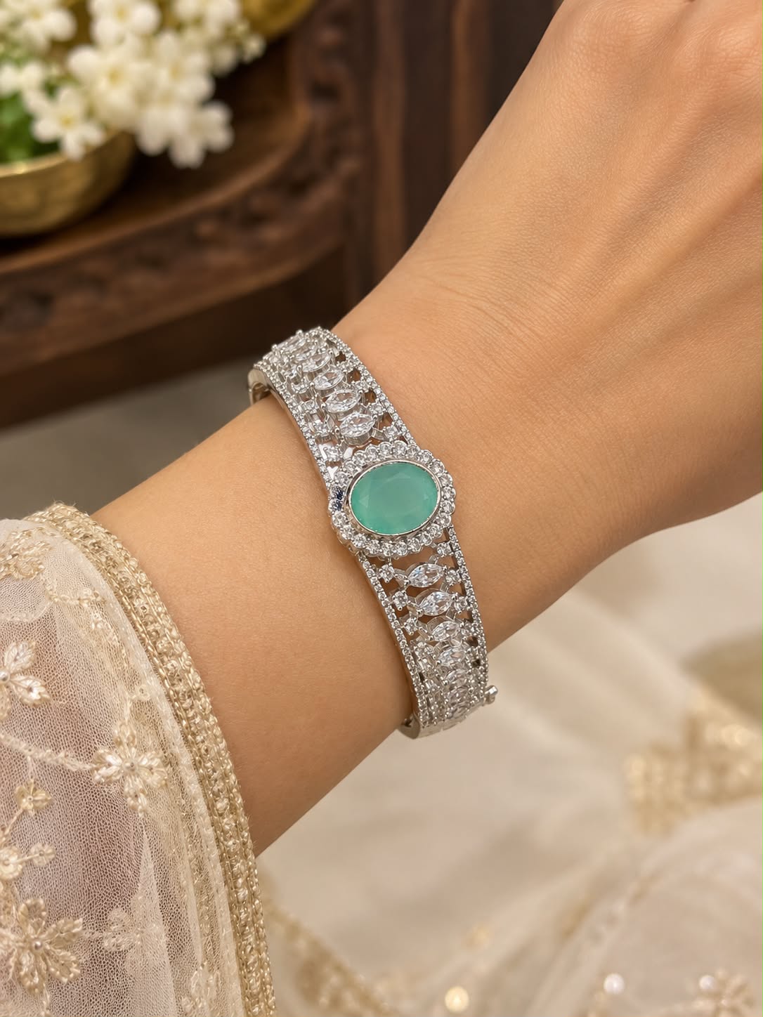 Oval Emerald  Stone Bracelet with CZ