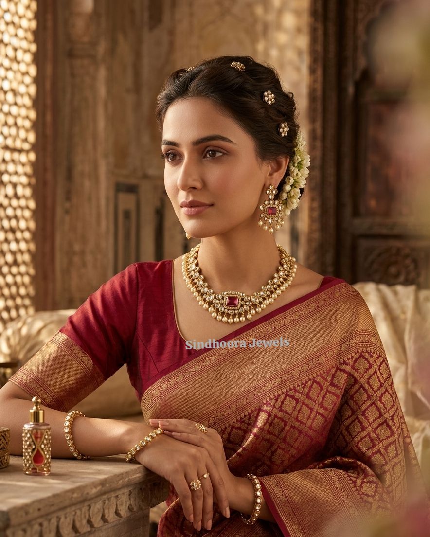 Traditional Kundan Necklace Set with Ruby and Pearl Drops