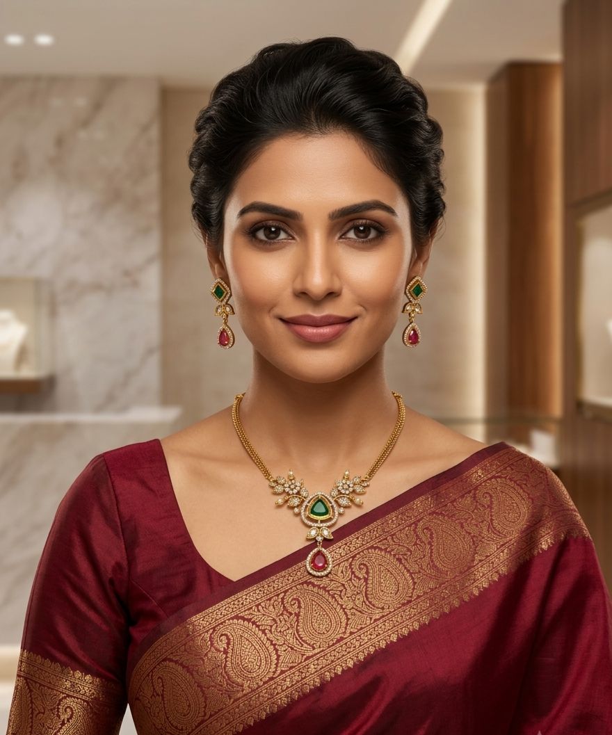 CZ Necklace Set with Green Stone and Ruby Pendant