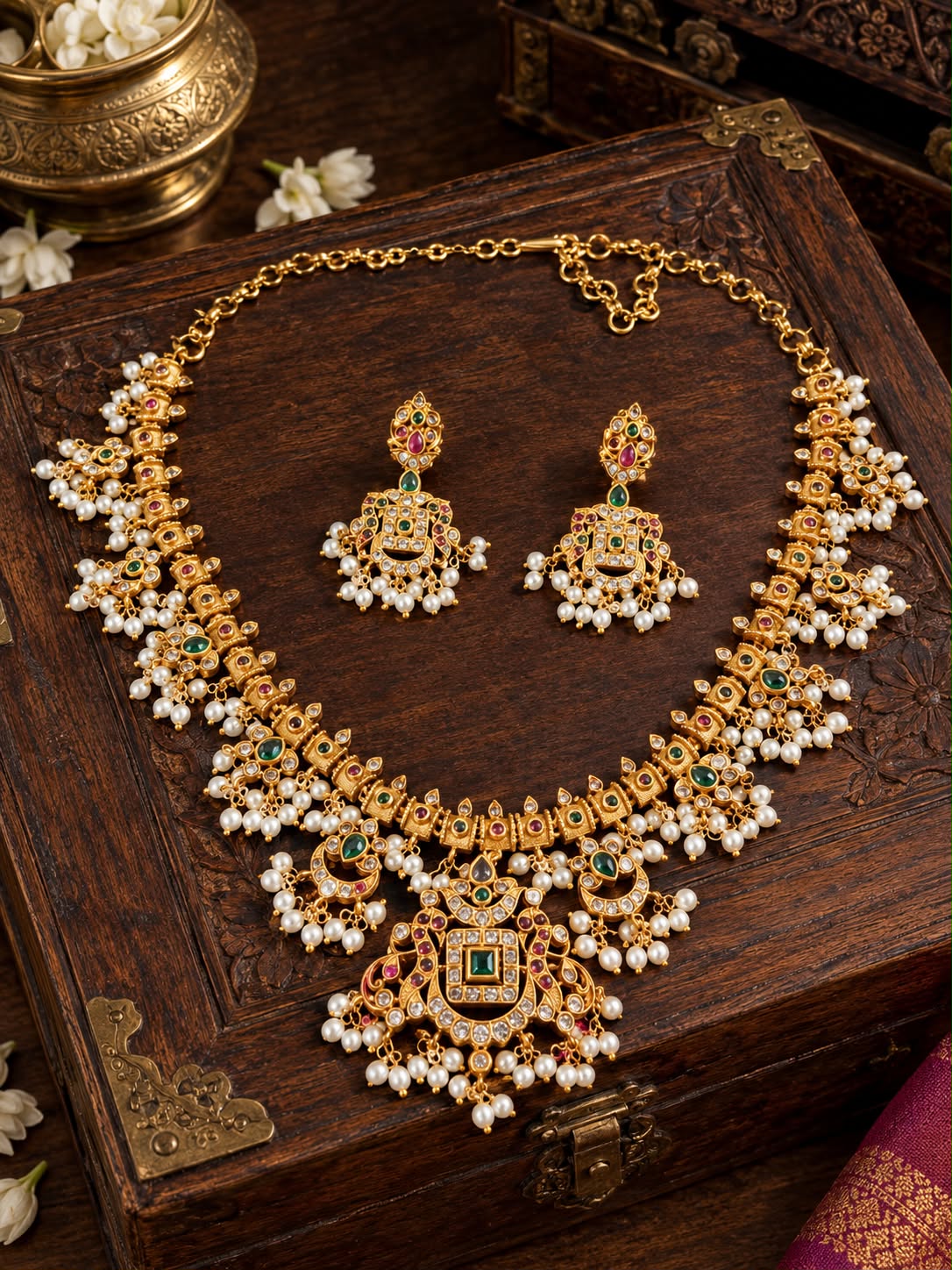 Antique Kundan Emerald and Ruby Pearl Necklace Set