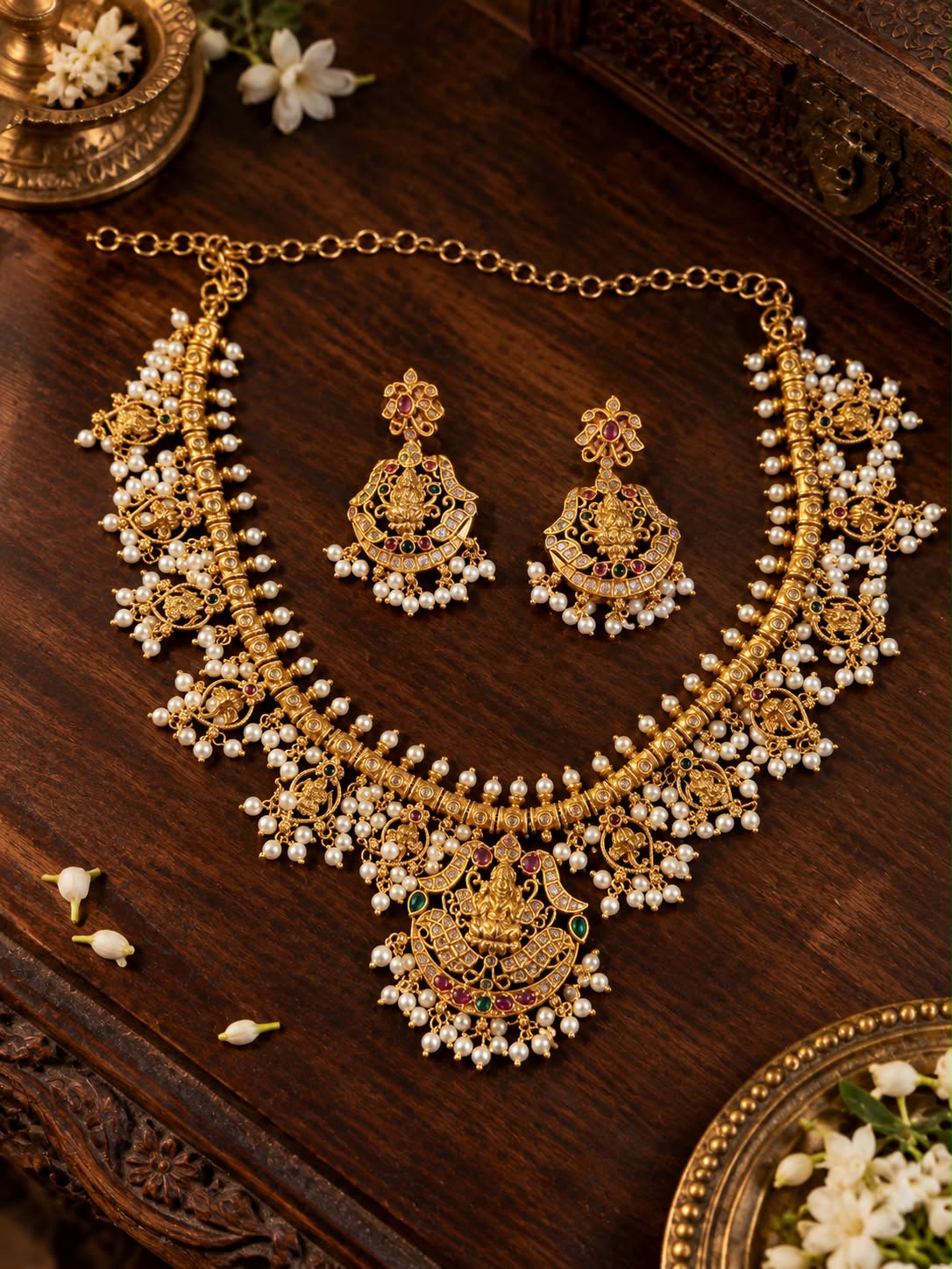 Traditional Pearl Necklace Set with Lakshmi Pendant
