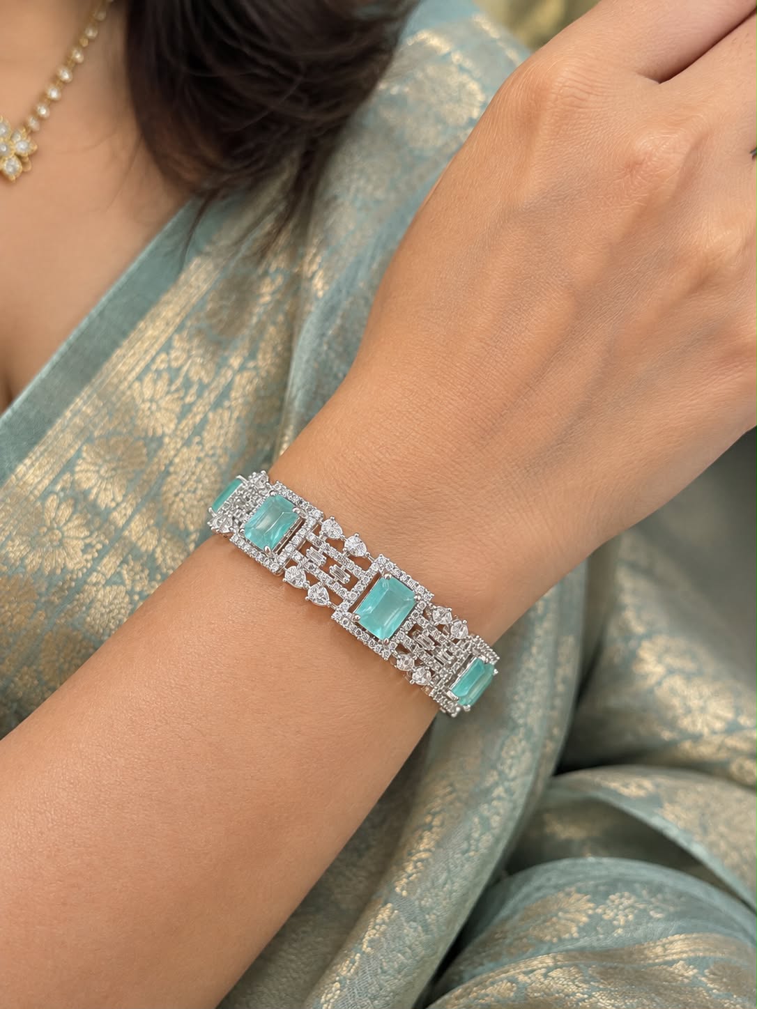 Aqua Blue Stone and CZ Bracelet