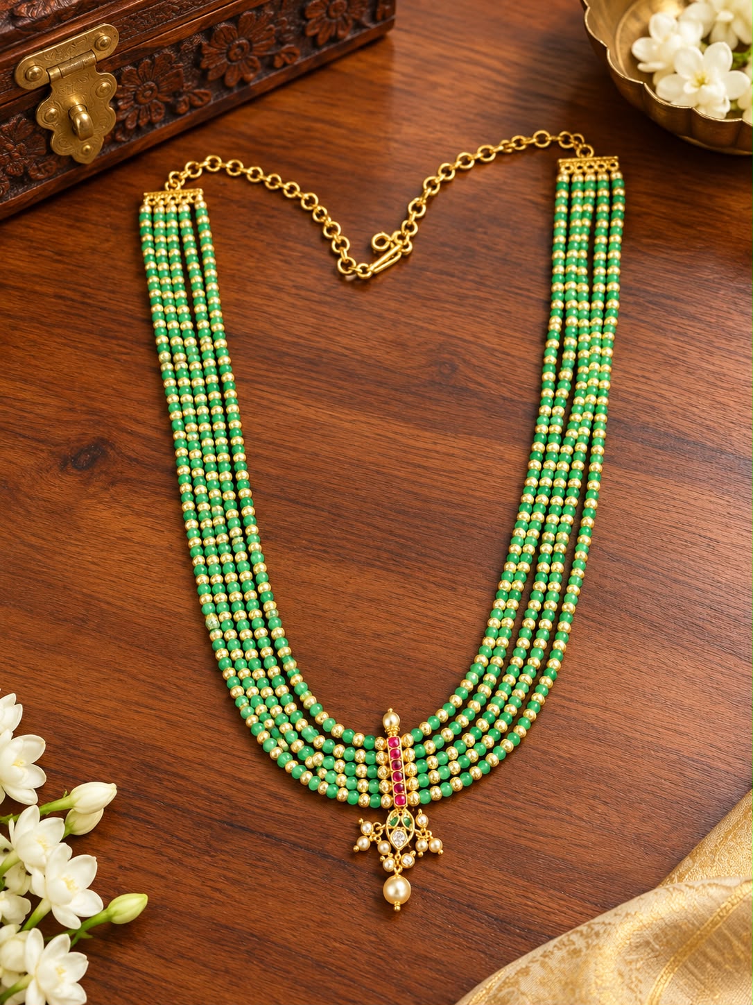 Five Layered Green Beads and Peals Necklace