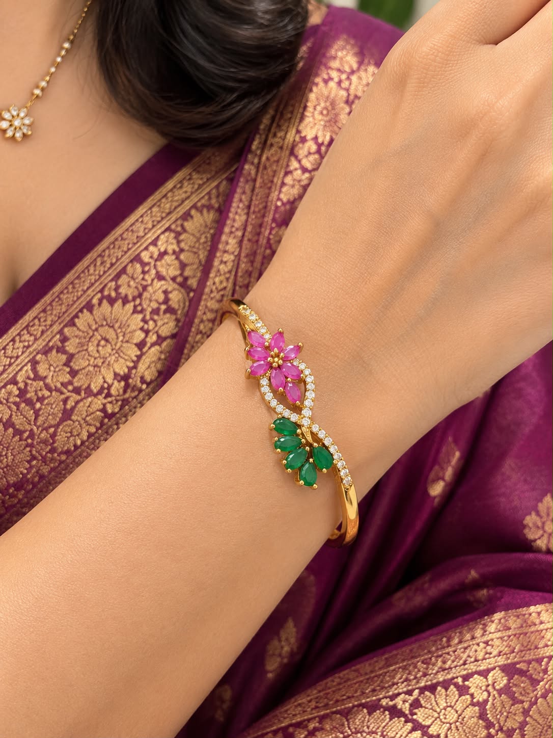 Pink and Emerald Floral Bracelet with CZ