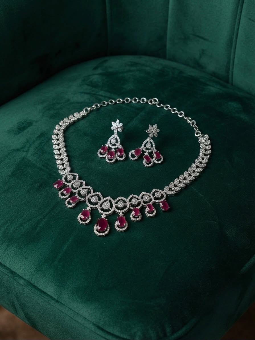 C Z Necklace with Pink Stone Drops